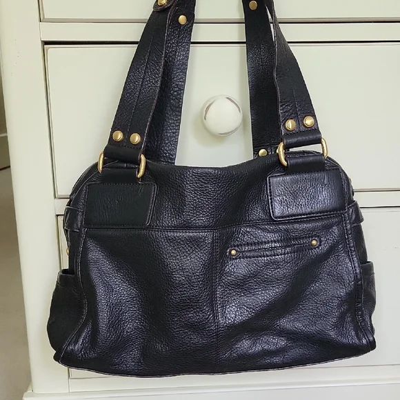 B. Makowsky Black Leather Shoulder Bag Satchel East West Gold Accent Zippers - Picture 10 of 16